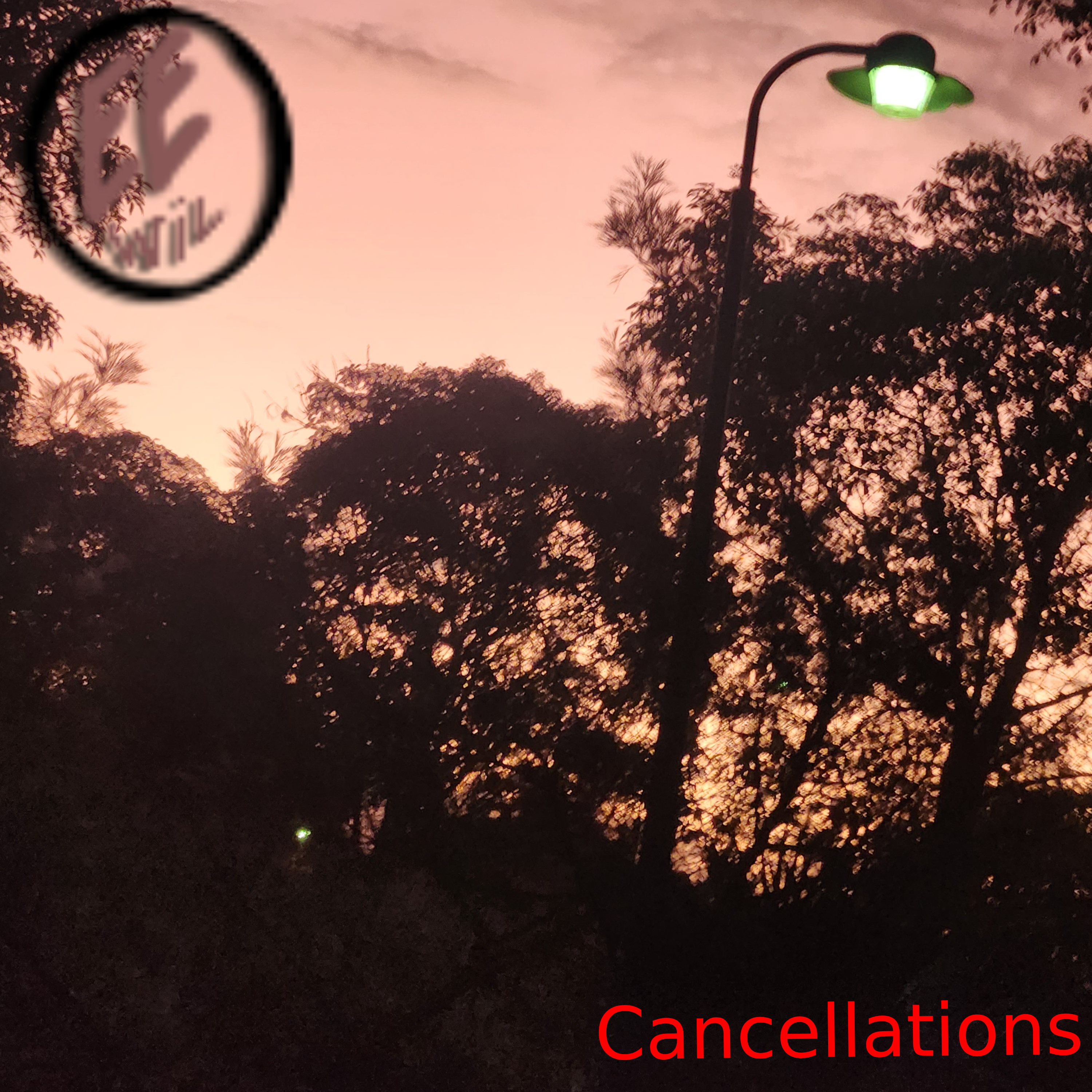cancellations cover, pink-ish sky with trees and a street light on.
